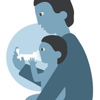Illustration af mindre barn der får hjælp til inhalator
